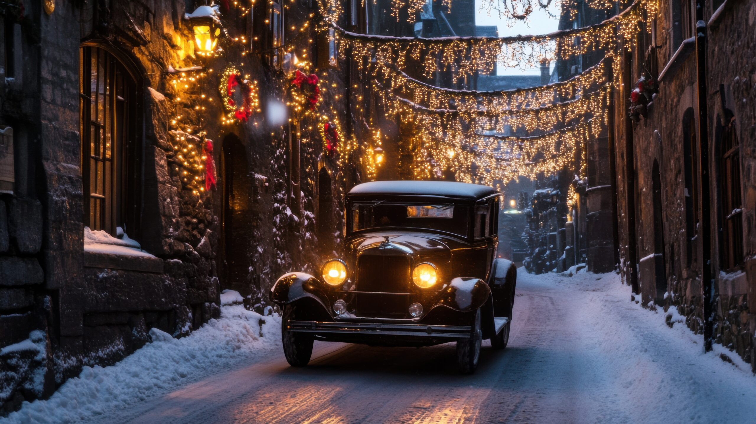 Vintage Drive Through Winter Town