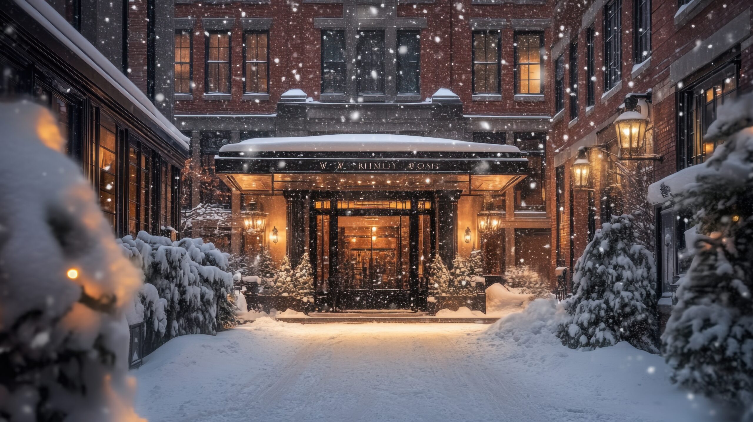 Warmly Lit Hotel Among Swirling Snow