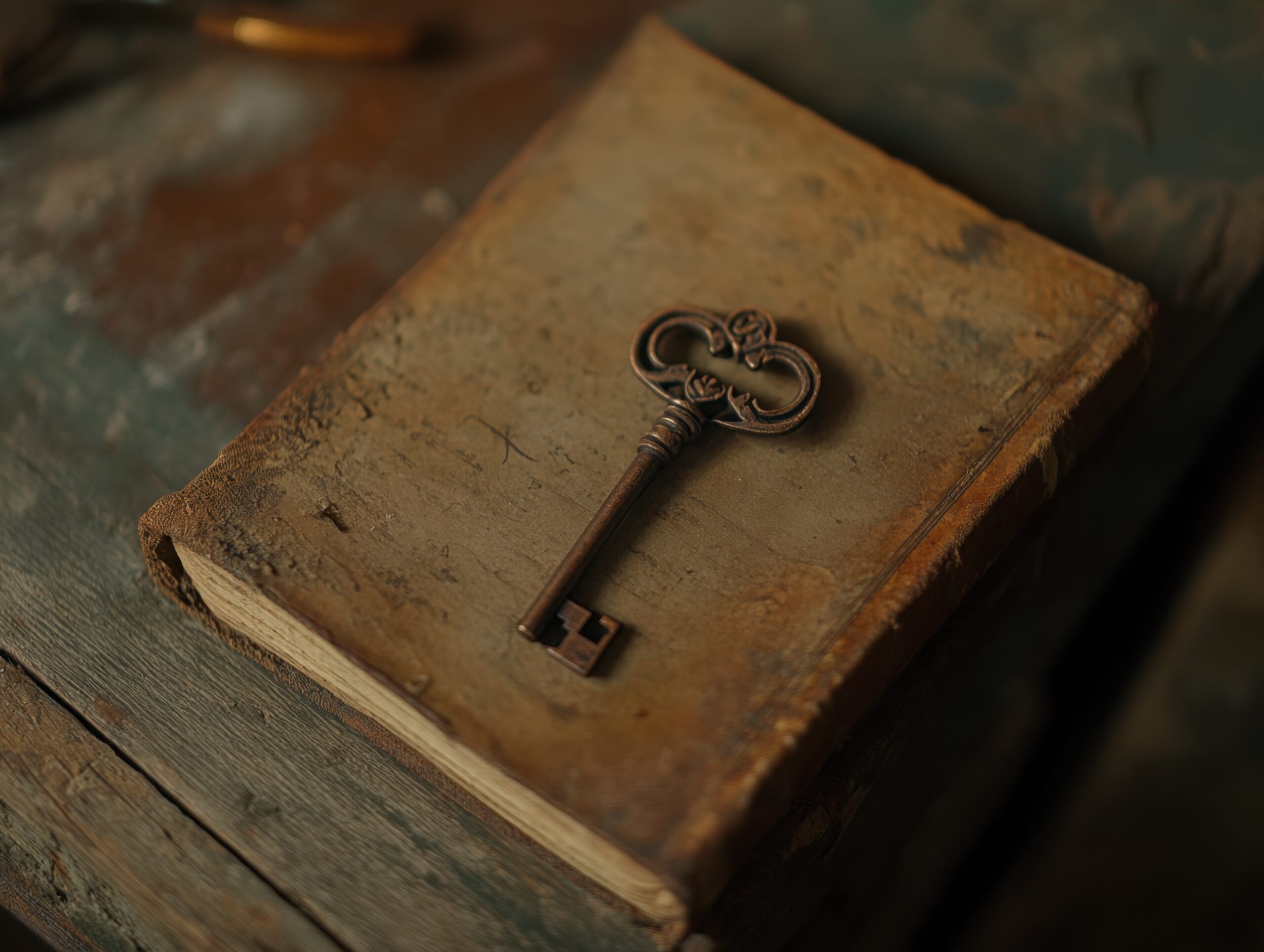 Aged Key Resting on Dusty Book