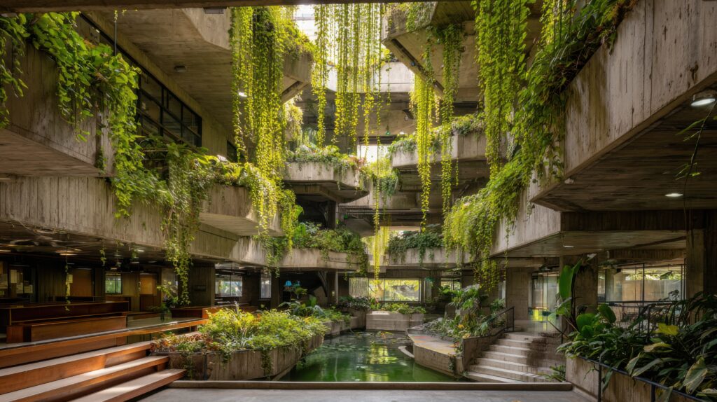 Library Compound Space Concrete and Vines Coexist in a Brutalist Library Space - Fadillah Distrik