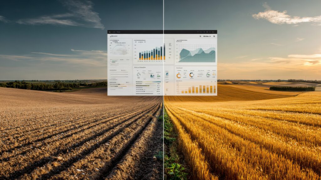 A farm and its data analytics shown on a split screen - Fadillah Distrik