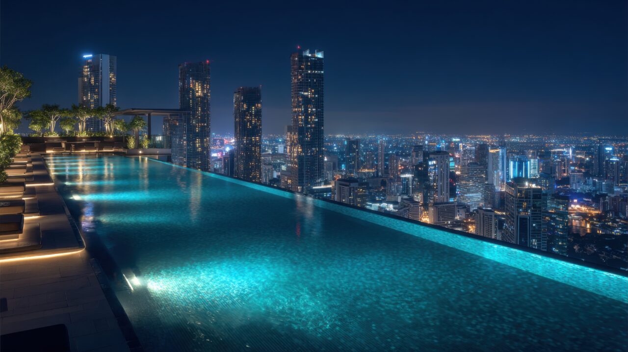 A rooftop infinity pool that overlooks a glittering cityscape ...
