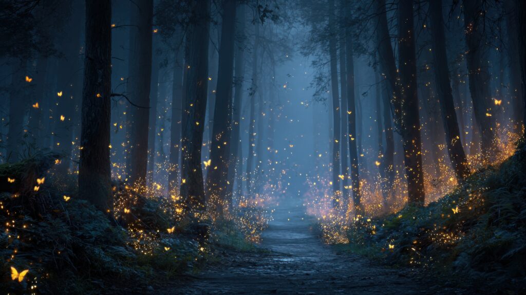 Glowing Butterflies Light Up A Path In A Foggy Forest - Fadillah Distrik