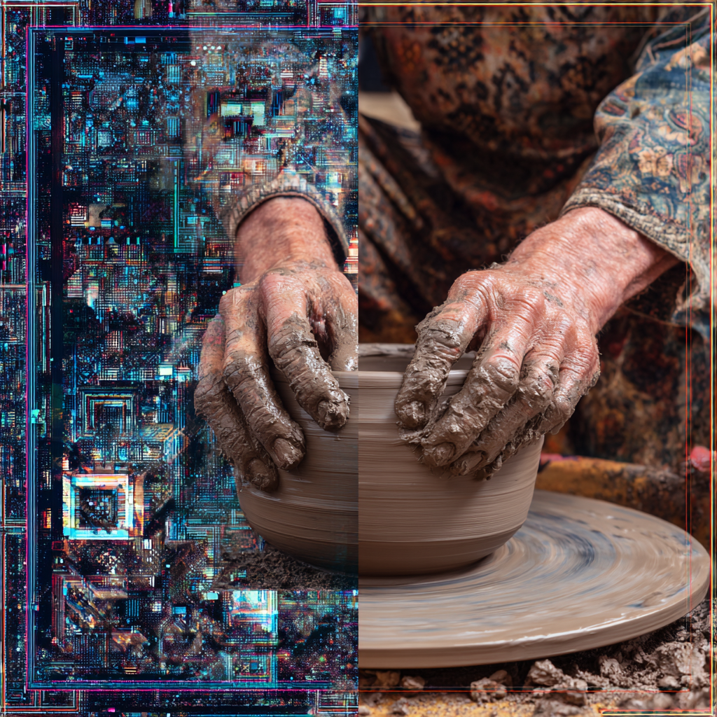 A composite image showing a complex piece of AI generated art on one side and a potter's hands shaping clay on the other.