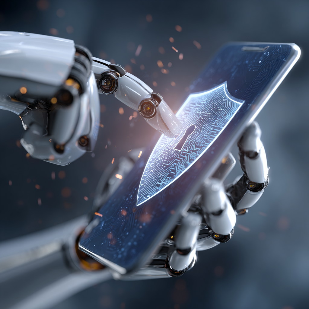 A robotic hand attempting to take data from a smartphone screen that is protected by a digital shield, symbolizing the fight against AI data scraping.