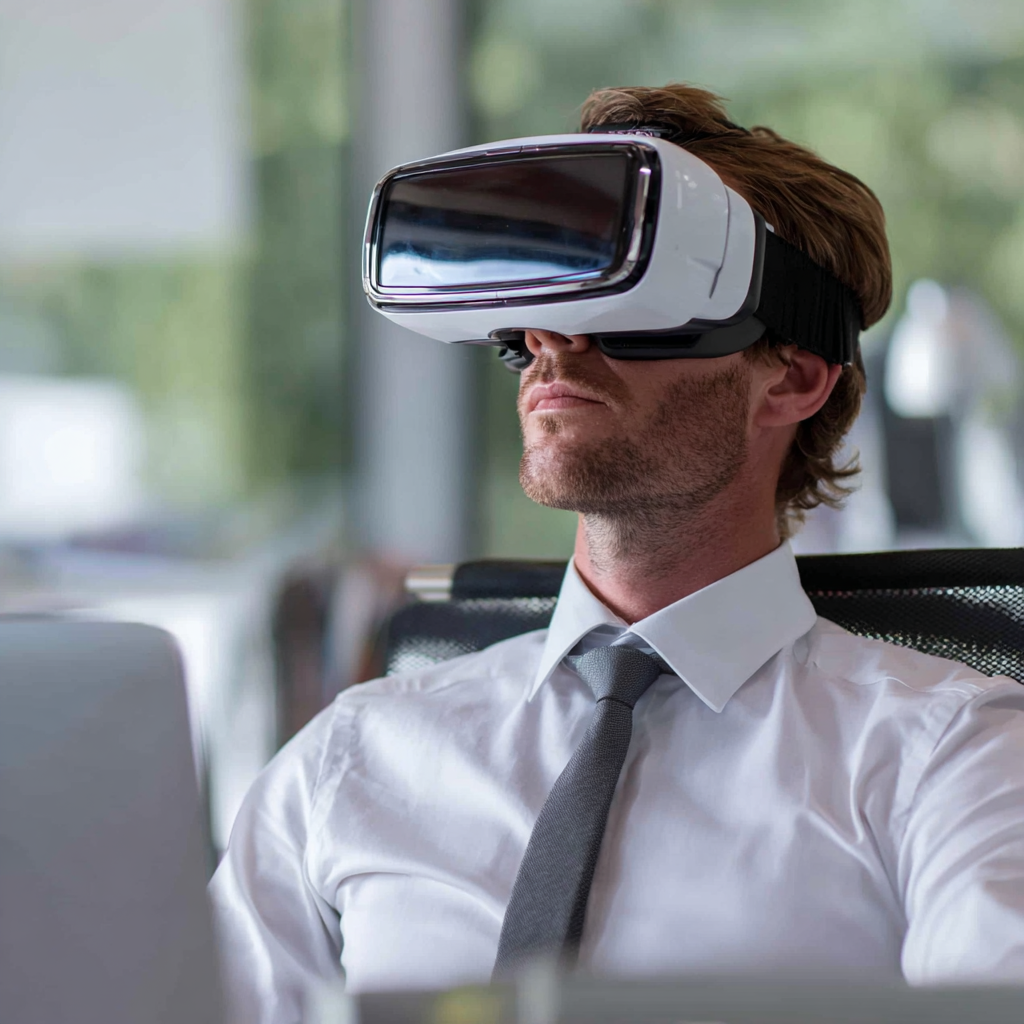 A professional wearing a virtual reality headset in an office setting, engaged in an advanced simulation for AI in corporate training.