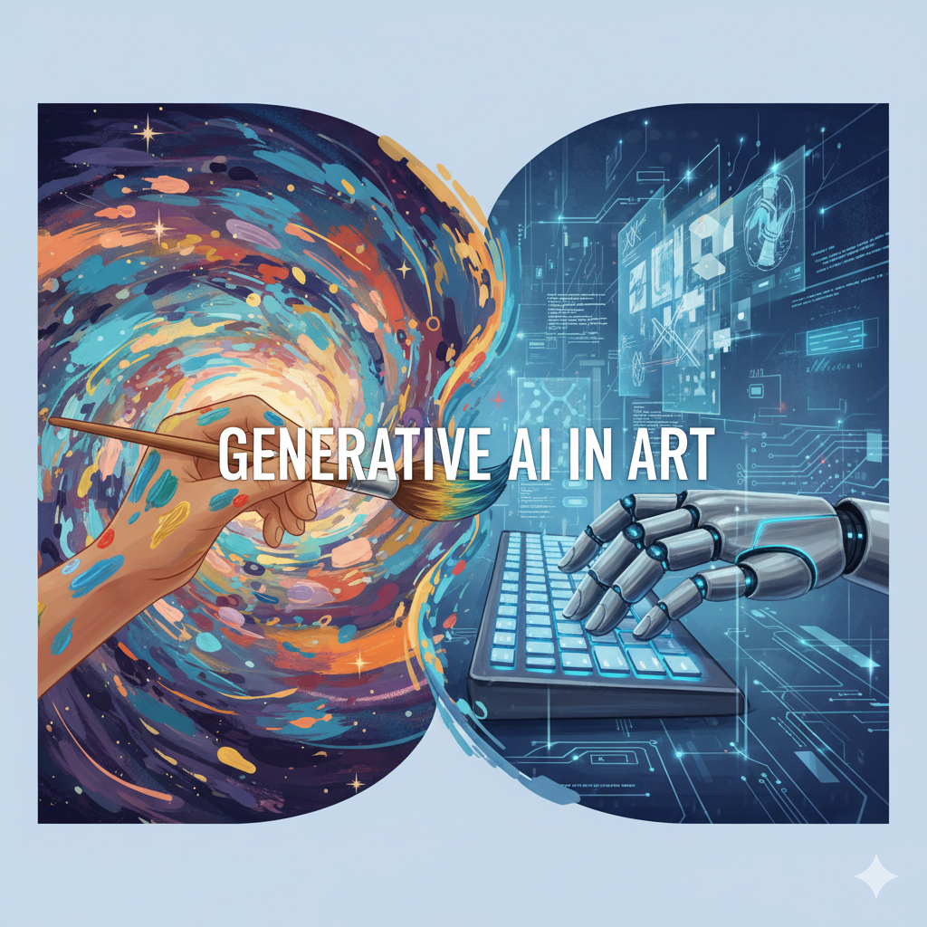 A split image showing a human hand holding a paintbrush on one side and a robotic hand typing on a keyboard on the other, representing generative AI in art.