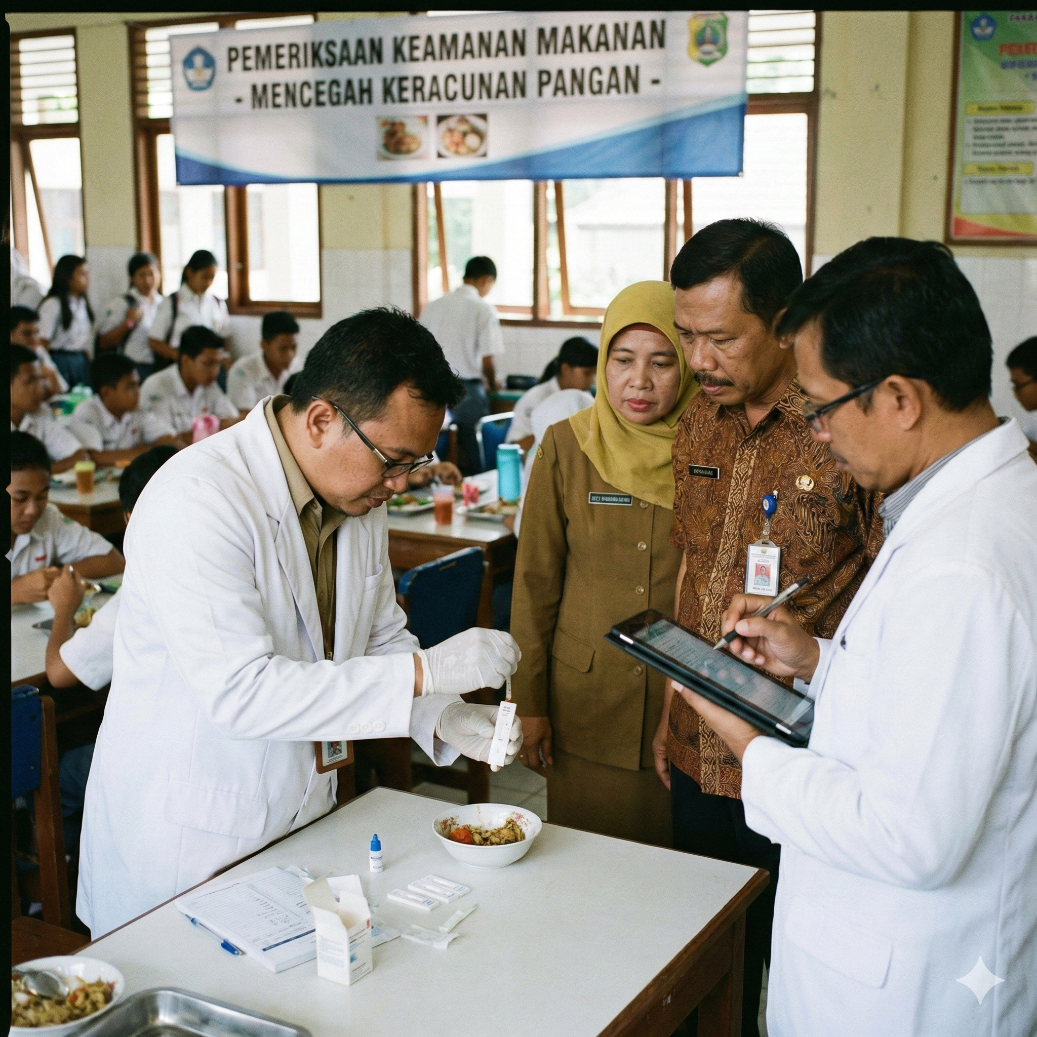 Tim medis dan ahli gizi melakukan uji lab mendadak untuk memastikan keamanan pangan MBG pasca kasus keracunan.