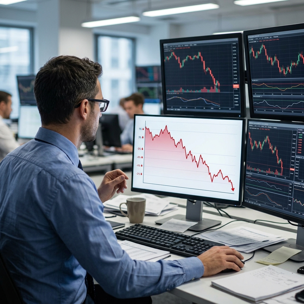Grafik tren investasi saham dan analisis pasar modal yang menunjukkan penurunan persentase