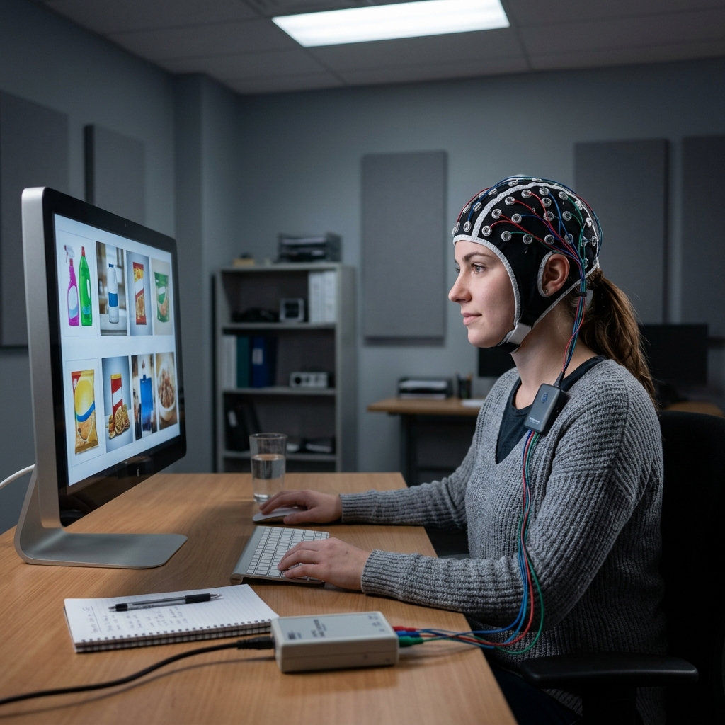 A person wearing an EEG headset for neuro-marketing AI advertising study.