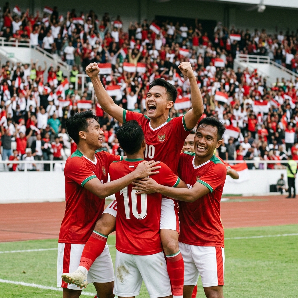 Para pemain timnas indonesia merayakan gol kemenangan dalam pertandingan