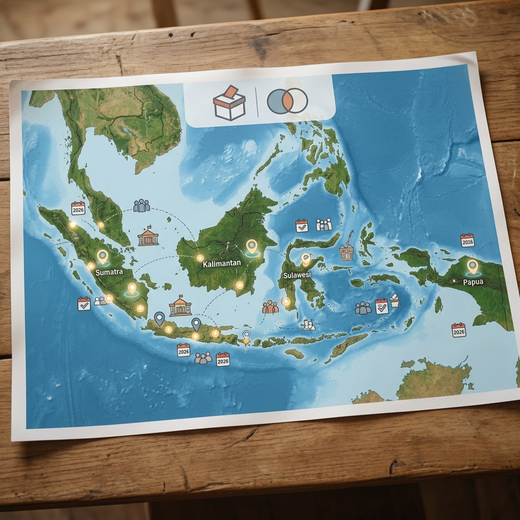 Infografis peta wilayah Indonesia yang menyoroti daerah kunci pilkada serentak 2026
