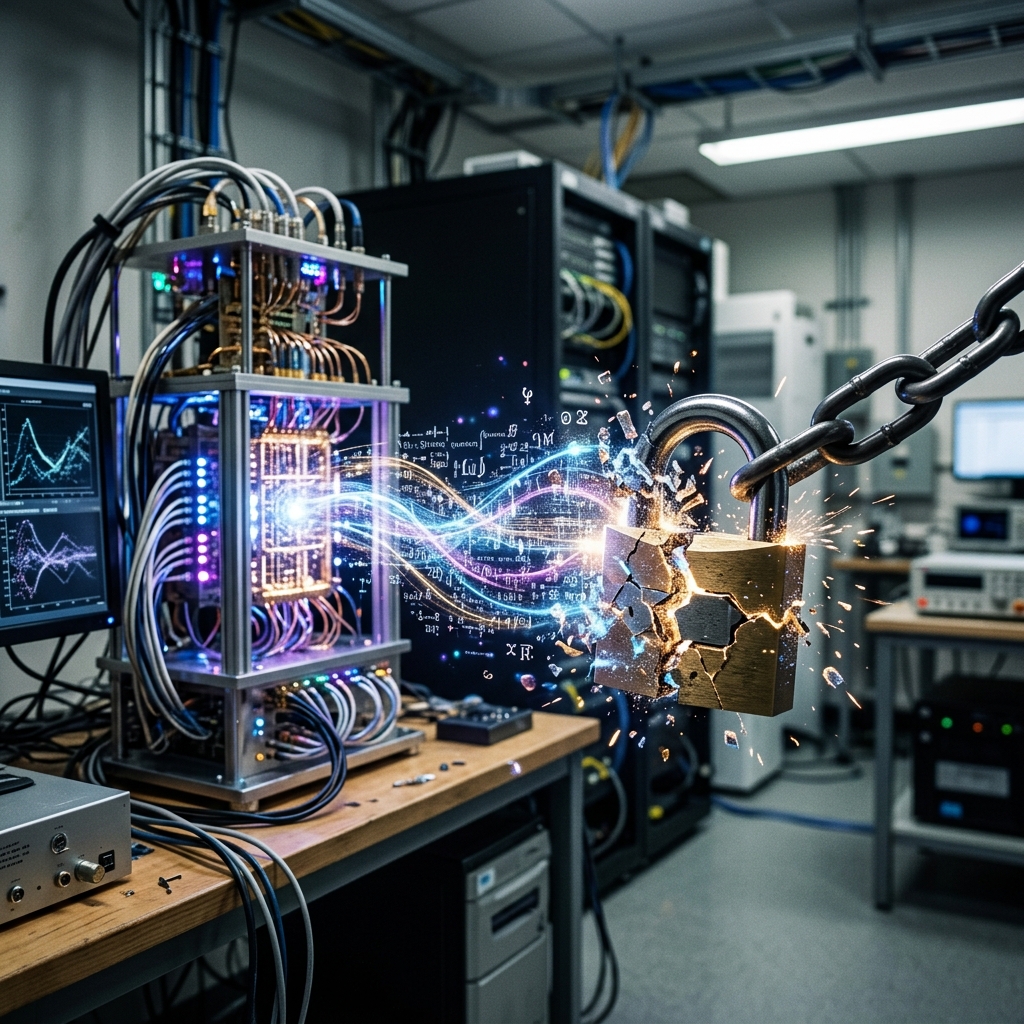 A digital representation of quantum computing cryptography breaking a lock.