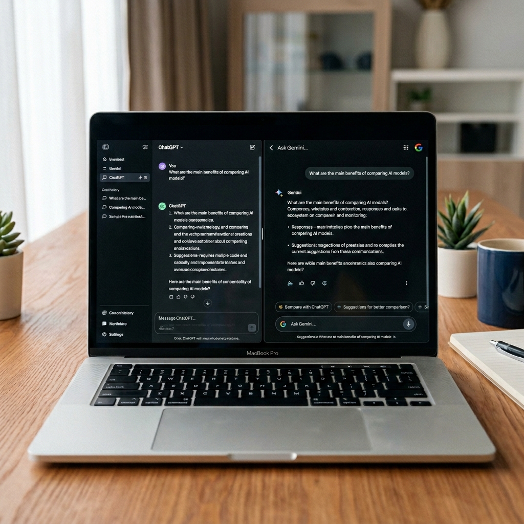 Layar laptop membagi antarmuka ChatGPT dan Gemini sebagai perbandingan ai terbaik